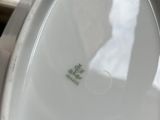 a close up of a white plate with a green design on it
