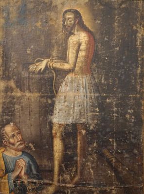 an old painting of a man standing next to a man with a sword