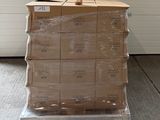boxes stacked on a pallet with a bottle of beer on top
