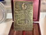 a gold medal sitting in a red case on a table