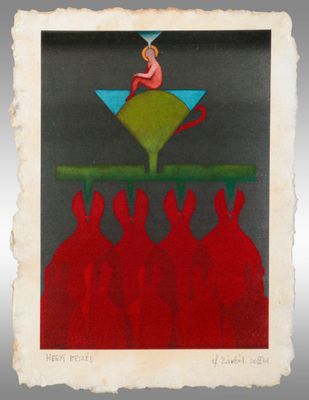 une image représentant un tableau où l'on voit un homme assis au sommet d'une pyramide