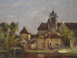 an oil painting of a church with a boat in front of a body of water