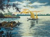 une peinture représentant un bateau sur l'eau, avec d'autres bateaux dans l'eau