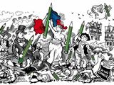 illustration représentant un groupe de personnes tenant des drapeaux et des crayons devant un château