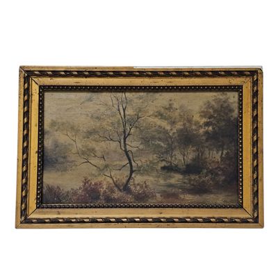 a painting of a landscape with trees and bushes in a gold frame