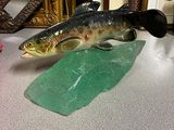 statue représentant un poisson assis sur une feuille verte, à côté d'un miroir