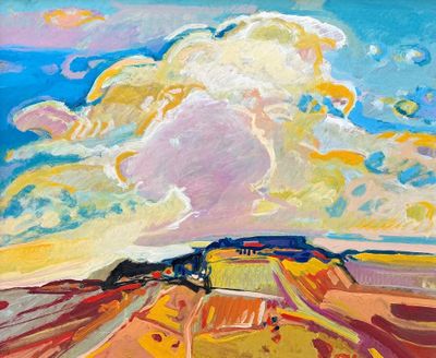 une peinture à l'huile représentant un train traversant une campagne rurale