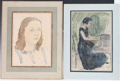 two paintings of a woman sitting at a piano and a woman sitting at a piano