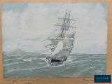tableau représentant un voilier sur une mer agitée, avec des mouettes en arrière-plan