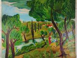 painting of a landscape with trees and a river in the foreground
