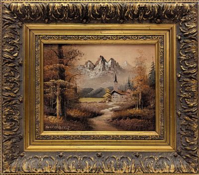 a painting of a mountain scene with a stream and a house