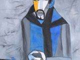 a painting of a man sitting at a table with a glass in his hand