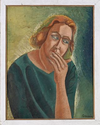 portrait of a woman in a green dress with her chin resting her hand on her chin