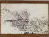 an old drawing of a farm scene with a horse and a house