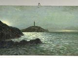 an image of a painting of a lighthouse on a cliff by the ocean