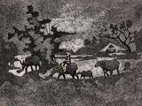 a black and white photo of a group of animals in a field