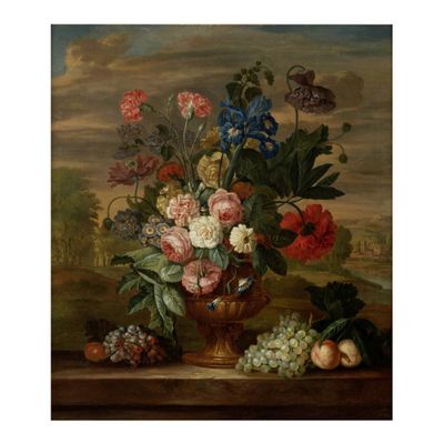 tableau représentant un vase rempli de fleurs et de fruits posé sur un rebord