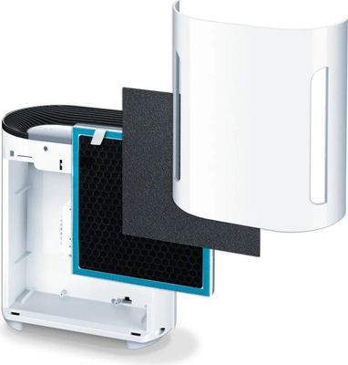 a white and blue air purifier next to a black and white air purifier