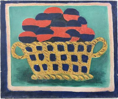 peinture représentant un panier de pommes sur un fond bleu et vert
