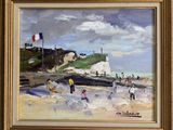 an oil painting of a beach scene with people on the sand