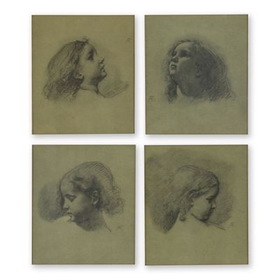 quatre dessins représentant une tête de femme et un visage d'homme