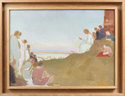 une peinture à l'huile représentant un groupe de personnes assises sur une colline