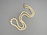 a close up of a white pearl necklace on a gray surface