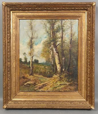 un tableau représentant un paysage boisé avec des arbres et un sentier