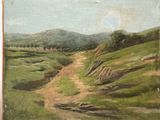 an oil painting of a dirt road going through a green field