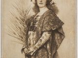 an old picture of a woman holding a plant in her hand