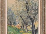 an oil painting of trees in a field with a house in the background