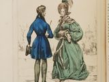 an old book with a drawing of a man and a woman standing next to each other