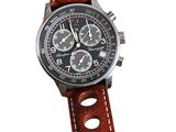 brown leather watch strap with a silver buckle on a white background