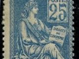 a stamp with a picture of a woman sitting on a chair