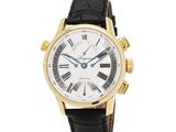 a gentleman ' s gold wrist watch with roman numerals and black leather strap