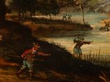 a painting of a man holding a rifle near a body of water