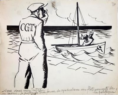 drawing of a man in a sailor ' s uniform standing in front of a boat