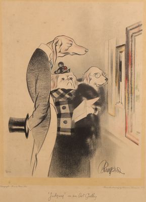dessin représentant un homme et une femme regardant par la fenêtre un chien