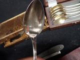 a person holding a silver spoon in front of a case