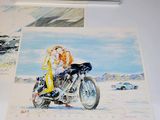 painting of a couple on a motorcycle with a car in the background