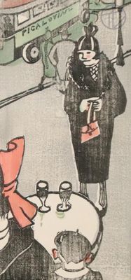 a drawing of a woman sitting at a table in a restaurant