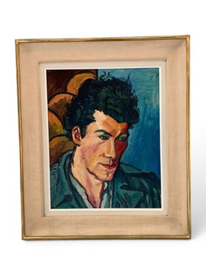 painting of a man in a blue shirt and a brown chair