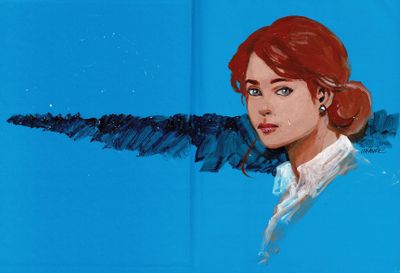 un tableau représentant une femme aux cheveux roux sur fond bleu