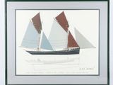 painting of a sailboat with red sails on a white background