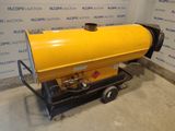 a yellow proprigerator sitting on top of a cart in front of a wall