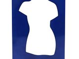 a blue and white sign with a female torso on it
