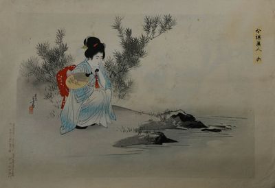 a painting of a woman sitting on a rock by a body of water
