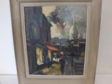 painting of a city street scene with a train passing by