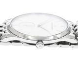 silver watch with white face and silver bracelet on a white background