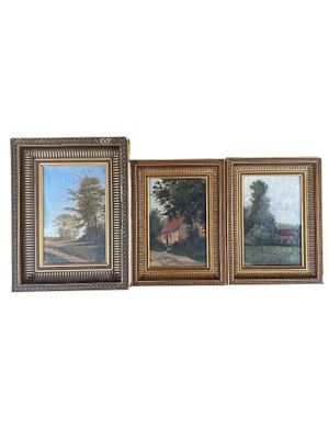 trois tableaux encadrés représentant une scène de campagne avec une maison et des arbres